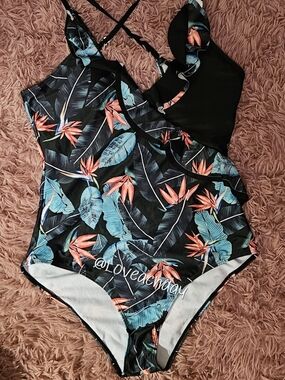 ✨️Tropical Floral One-Piece Swimsuit in Black with Teal & Coral Print